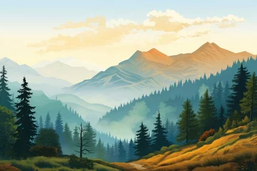 Foto auf Acrylglas Foggy morning in the mountains. Landscape with coniferous forest and mountains, Photo realistic illustration of mountains forest fog morning mystic, Ai generated © Tanu