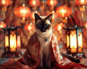 Siamese cat gracefully walks the catwalk in an ancient Chinese empress robe with silk lanterns illuminating the path