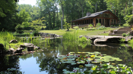 Fototapeta na wymiar A peaceful retreat center where individuals can immerse themselves in both acupuncture and meditation surrounded by nature and likeminded individuals seeking spiritual wellness.