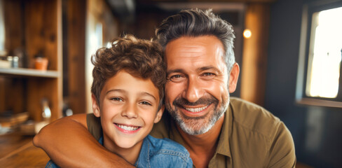 Affectionate moment between smiling father and son at home, showcasing a warm, loving family dynamic - obrazy, fototapety, plakaty