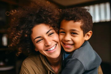 Affectionate moment between smiling mother and son at home, showcasing a warm, loving family dynamic - obrazy, fototapety, plakaty