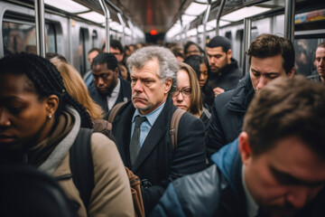 a big crowd of people in the new york subway metro in rush hour on their way home driving with trains. in the evening after work day. everybody is tired. - obrazy, fototapety, plakaty