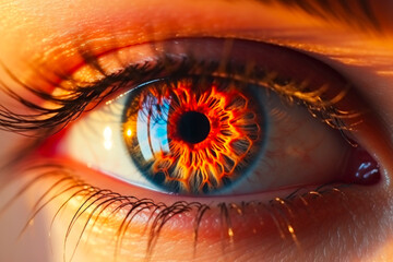 a close-up beautiful eye of a female person. burning glowing fire in the eye iris