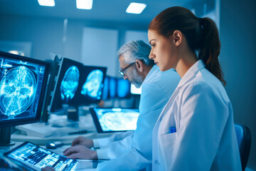 An expert female neurologist deeply engrossed in examining brain scans, utilizing innovative medical technology for diagnosis, highlighting her proficiency and expertise