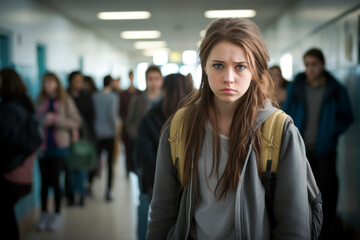 solitary teenage girl stands in a school hallway, her eyes downcast, her posture and expression revealing signs of depression, stress, and the heavy weight of bullying - obrazy, fototapety, plakaty