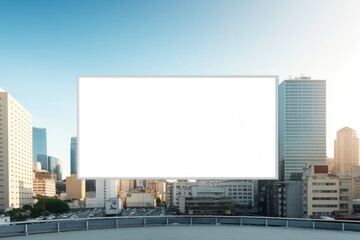 Blank white billboard on the roof with city view background. Street advertising poster, mock up, 3D rendering. Front view.