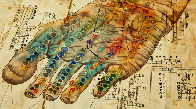 A detailed view of a reflexology chart with each point on the foot corresponding to different and systems in the body.