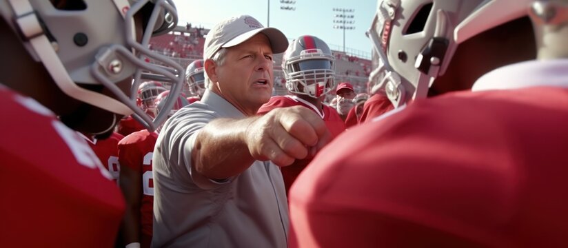 a coach and an American football player are having a discussion during a break on the field