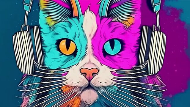 Animation of a colored cat wearing headphones. Cartoon anime style. Video background for music