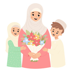 Happy islamic family. Cute muslim woman mother in hijab with her children son and daughter with bouquet of flowers. Vector illustration flat cartoon style. Festive happy ethnic characters.