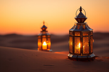 Fototapeta na wymiar Lantern lights in the desert at night have a Ramadan vibe with generative ai