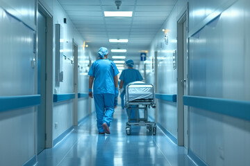 Hospital corridor with doctors and nurses pushing a gurney 