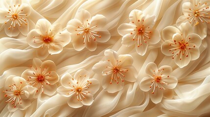 A white silk or satin floating in the air with flowers and petals floating around on a clean background. The concept has the scent of fabric softener.
