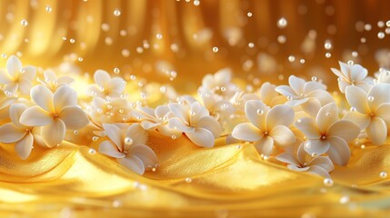 yellow silk or satin floating in the air with flowers and petals floating around on a clean background. The concept has the scent of fabric softener.