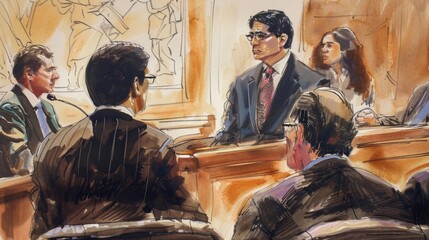 A courtroom sketch artist captures the facial expressions of the defendant and their lawyer during a trial. - obrazy, fototapety, plakaty