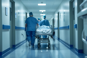 Hospital corridor with doctors and nurses pushing a gurney  - obrazy, fototapety, plakaty