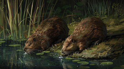Illustration of the two beavers - obrazy, fototapety, plakaty