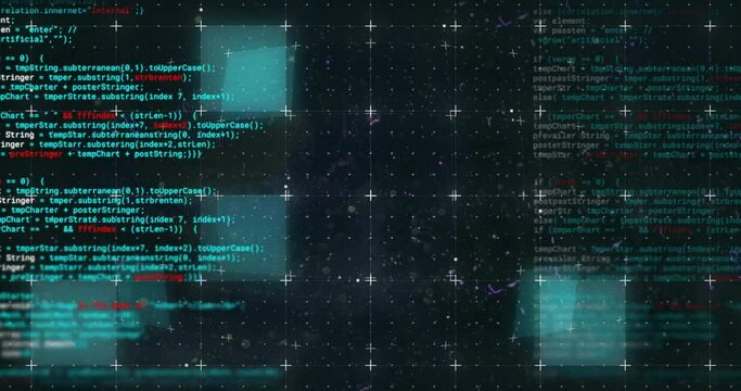 Animation of data processing and flashing lights over grid on black background