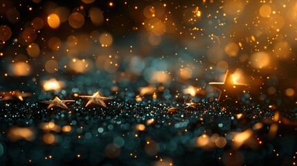 Dark green background with gold stars. Golden particles and bokeh lights There is space for text in the center of the image.