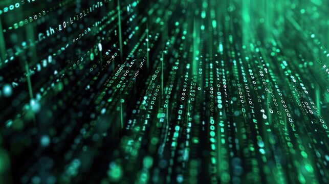 A digital matrix with cascading binary code in green on a black background