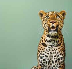 Surprised leopard with open mouth on a teal background. Place for text.