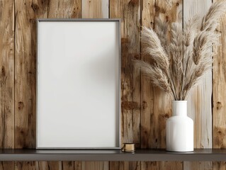a portrait oriented blank white picture canvas frame on a shelf on a wooden wall - mockup template