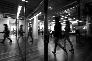 a busy casual startup, people dressed in casual wear, walking fast, blurred, office, black and white