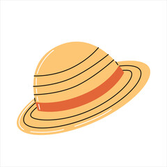 Yellow straw hat with red ribbon isolated on white background