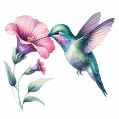 Fototapeta premium Hummingbird sipping nectar from flower. watercolor illustration, watercolor Hummingbird clipart for graphic resources isolated white background.