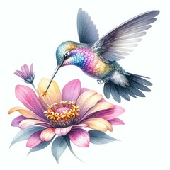 Obraz premium Hummingbird sipping nectar from flower. watercolor illustration, watercolor Hummingbird clipart for graphic resources isolated white background.
