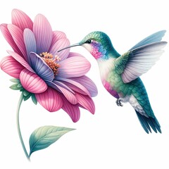 Obraz premium Hummingbird sipping nectar from flower. watercolor illustration, watercolor Hummingbird clipart for graphic resources isolated white background.