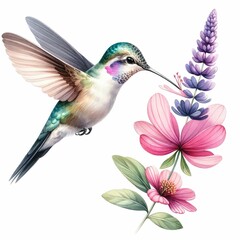 Fototapeta premium Hummingbird sipping nectar from flower. watercolor illustration, watercolor Hummingbird clipart for graphic resources isolated white background.