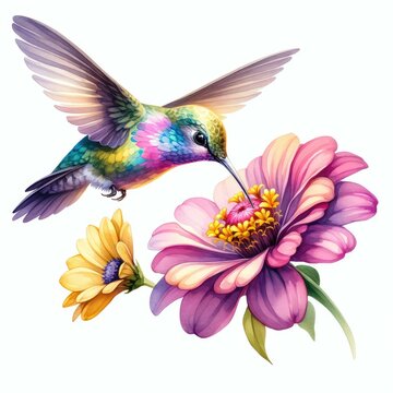 Hummingbird sipping nectar from flower. watercolor illustration, watercolor Hummingbird clipart for graphic resources isolated white background.