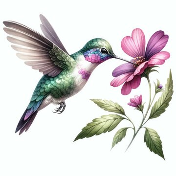 Hummingbird sipping nectar from flower. watercolor illustration, watercolor Hummingbird clipart for graphic resources isolated white background.