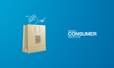World Consumer Rights Day, Shopping bag whit man hand, design for social medai banner, poster, vector illustration.