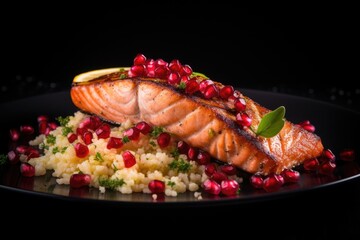 Grilled salmon with couscous and pomegranate seeds, Grilled salmon with couscous and cranberry on black background, grilled salmon fillet with fresh vegetables, AI generated