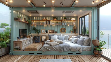 small container home with open air balcony, cozy comfort living room interior, Generative Ai