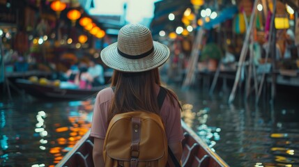 back view of a female tourist backpacker sitting on a boat in an asian market - Powered by Adobe