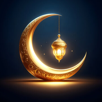 Golden crescent moon with one lanter, arabic holiday design, isolated a dark blue background, Celebrating Ramadan