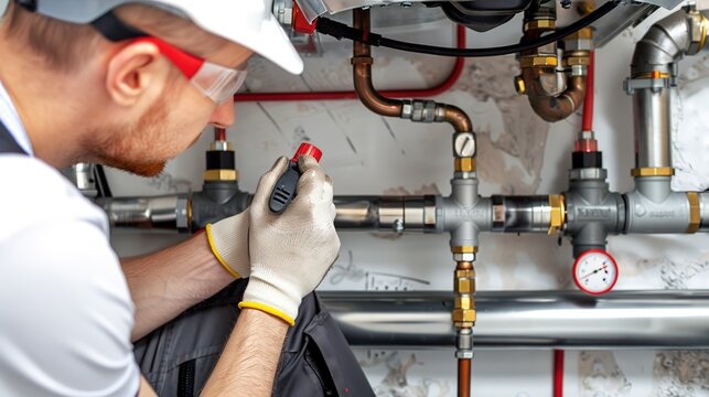 Professional plumber checking a boiler and pipes, boiler service concept ai generated high quality image