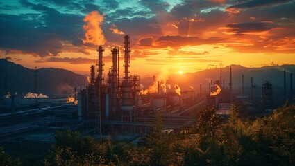 Futuristic industrial landscape, AI-driven factories under a twilight sky, emphasizing innovation in technology