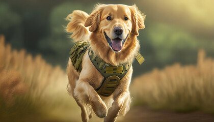 A golden retriever dog wearing a military dog harness