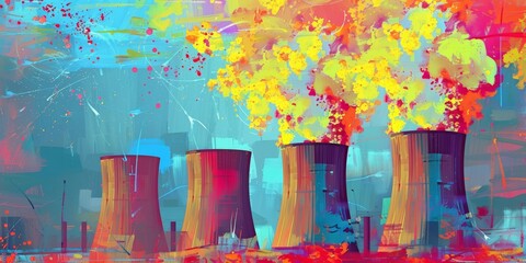 Industrial Factory Emitting Colorful Smoke. Generative AI