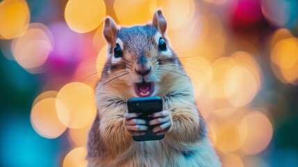 Surprised chipmunk holding a smartphone with a comical expression. - 752749572