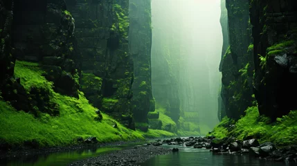 Vitrage gordijnen Groen Detailed shooting of vertical green rocks on both sides of the canyon. Atmospheric and moody lighting. Generative AI