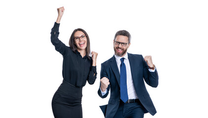 Business corporate party after successful deal. Successful businesspeople celebrate deal isolated on white. Businesspeople having fun. Business success celebration and fun. Measure of success