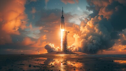 Space industry launchpad, rocket preparing for liftoff, exploration and innovation, starry sky - obrazy, fototapety, plakaty