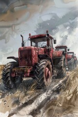 A charming watercolor illustration capturing the essence of a rustic tractor in idyllic countryside scenery
