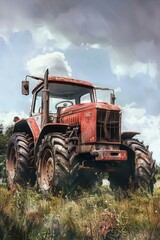 A charming watercolor illustration capturing the essence of a rustic tractor in idyllic countryside scenery
