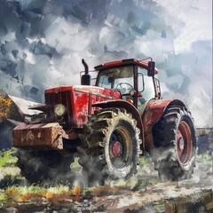 A charming watercolor illustration capturing the essence of a rustic tractor in idyllic countryside scenery
